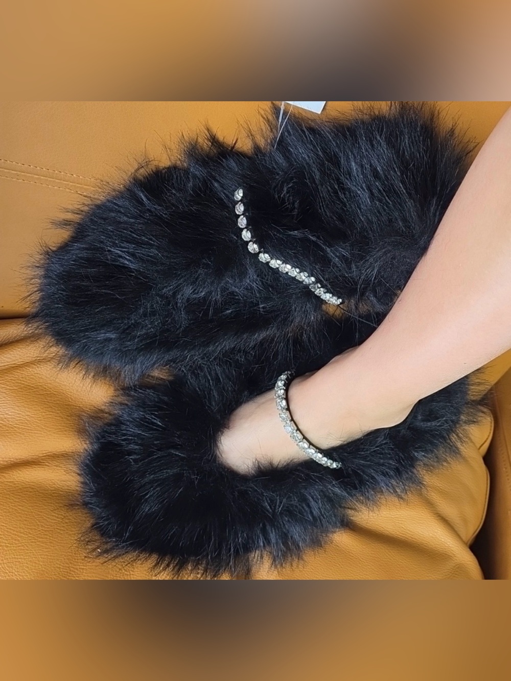 H&M Black Slide Sandals with Faux Fur Trim & rhinestone details size 39